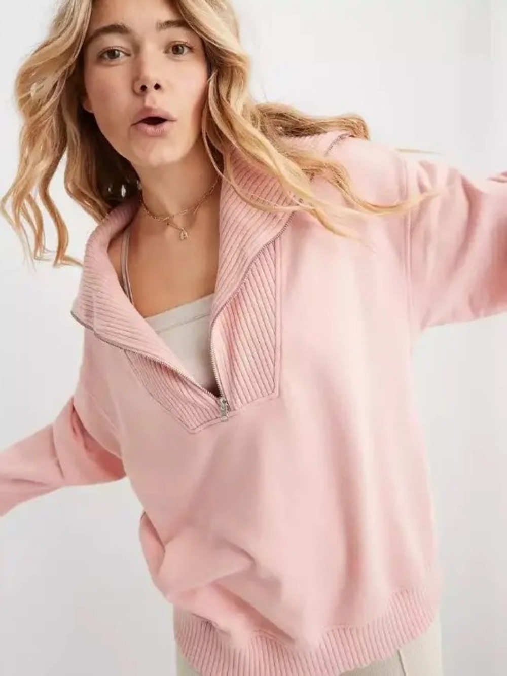 Aerie Down To Earth Light Pink Quarter Zip Sweatshirt